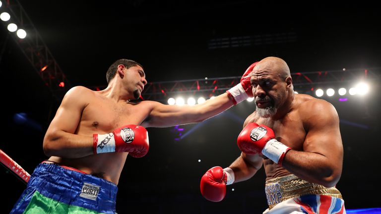 LONDON, ENGLAND - MAY 21:  Shannon Briggs (R) in action against Emilio Ezequiel Zarate (L) during a Heavyweight contest at The O2 Arena on May 21, 2016 in 