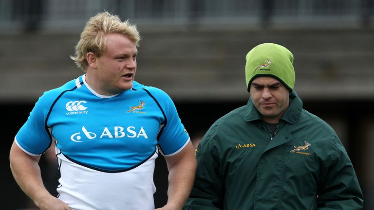 Former Springboks captain Adriaan Strauss chats with Johann van Graan