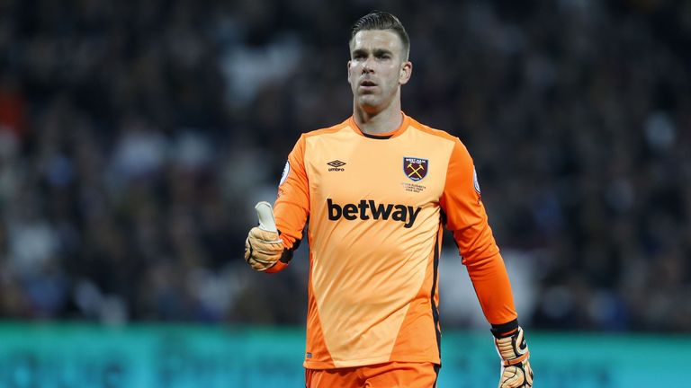 West Ham United's Spanish goalkeeper Adrian gestures during the English Premier League football match between West Ham United and Tottenham Hotspur at The 