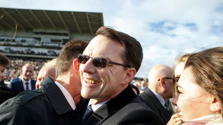 Aidan O'Brien celebrates as Saxon Warrior wins to give him a record 26 Group 1 winners in a year
