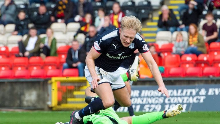 Dundee's AJ Leitch is brought down by Partick Thistle goalkeeper Tomas Cerny for a penalty.