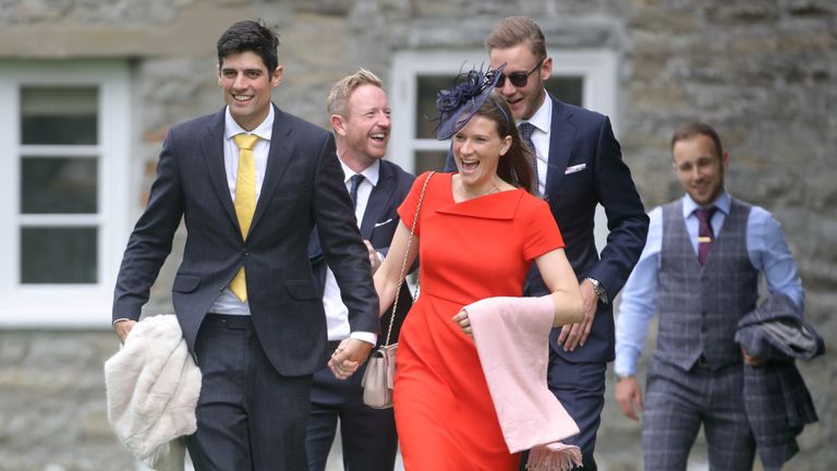 Alastair Cook (front left) with his wife Alice, and Paul Collingwood (rear, left) and Stuart Broad (rear, right) attend Ben Stokes' wedding