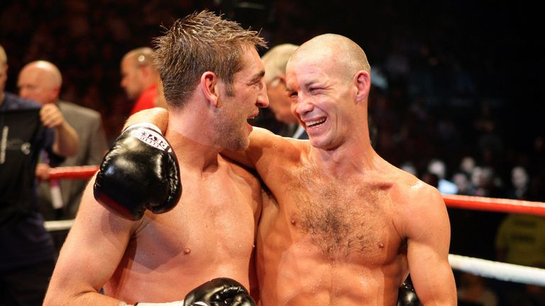 Alex Arthur and Nicky Cook after their WBO Super-Featherweight Championship Title fight at the Manchester Evening News Arena.