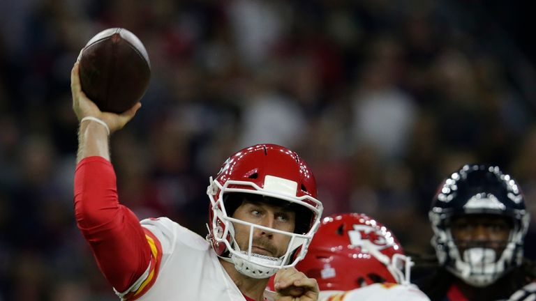 HOUSTON, TX - OCTOBER 08:  Alex Smith #11 of the Kansas City Chiefs throws a pass in the first quarter against the Houston Texans at NRG Stadium on October
