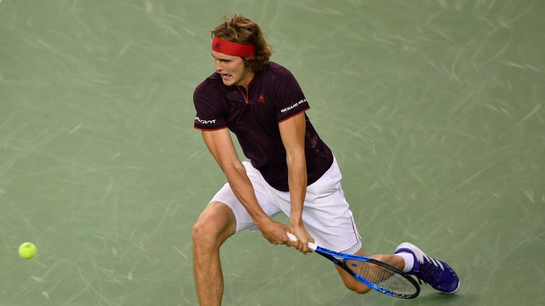 SHANGHAI, CHINA - OCTOBER 11:  Alexander Zverev of Germany returns a shot to Aljaz Bedene of Great Britain in their Men's Single match during Round 2 of 20