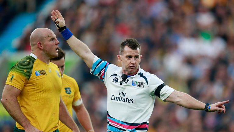 LONDON, ENGLAND - OCTOBER 31:  Referee Nigel Owens of Wales awards a penalty during the 2015 Rugby World Cup Final match between New Zealand and Australia 