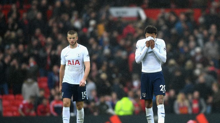 MANCHESTER, UNITED KINGDOM - OCTOBER 28:  Dele Alli of Tottenham Hotspur and Eric Dier of Tottenham Hotspur are dejeted after the Premier League match betw