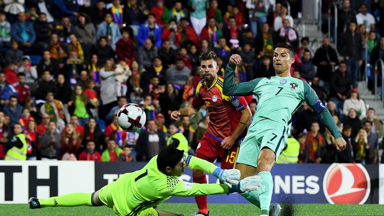 ANDORRA LA VELLA, ANDORRA - OCTOBER 07:  Cristiano Ronaldo of Portugal scores the opening goal past the goalkeeper Josep Gomes of Andorraduring the FIFA 20