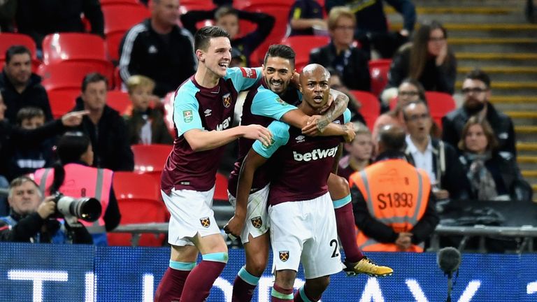 LONDON, ENGLAND - OCTOBER 25:  Andre Ayew of West Ham United celebrates scoring his side's second goal with team mates during the Carabao Cup Fourth Round 