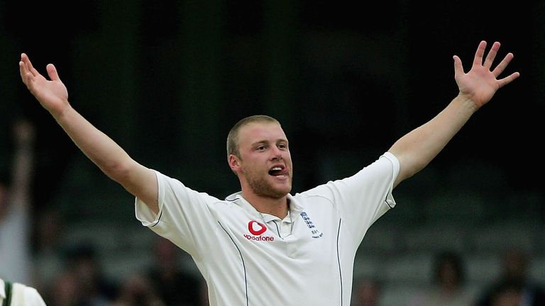 Andrew Flintoff of England celebrates taking the wicket of Matthew Hayden of Australia during day four of the fifth npower Ashes Test