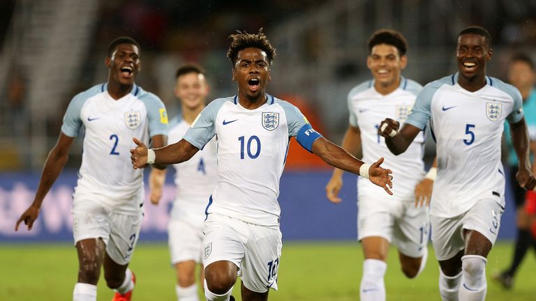 Angel Gomes celebrates after scoring in England U17s' opening World Cup win over Chile
