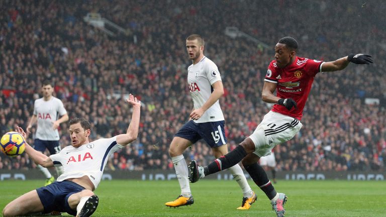 Manchester United's Anthony Martial scores his side's first goal of the game during the Premier League match at Old Trafford, Manchester.