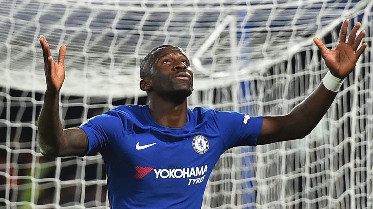 Antonio Rudiger celebrates after scoring with a looping header