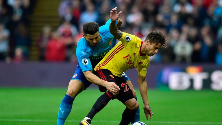 Watford's Spanish defender Kiko Femenia (R) tangles with Arsenal's German-born Bosnian defender Sead Kolasinac (L) during the English Premier League footba