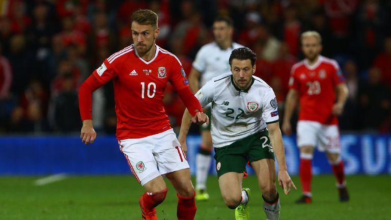 Wales' midfielder Aaron Ramsey (L) vies with Republic of Ireland's midfielder Harry Arter during the group D World Cup qualifying football match between Wa