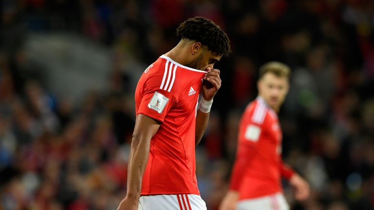 Ashley Williams of Wales looks dejected during the FIFA 2018 World Cup Group D  Qualifier between Wales and Republic of Ireland
