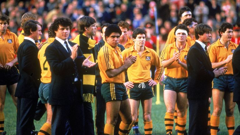 LONDON - 1984:  Australian Wallabies thank the crowd after the Grand Slam Rugby match between the Barbarians and the Wallabies 1984, in London, Great Brita