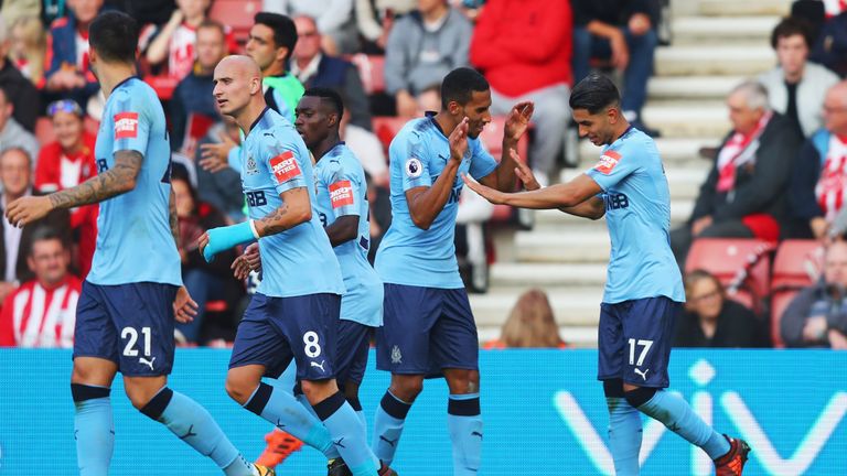 SOUTHAMPTON, ENGLAND - OCTOBER 15:  Ayoze Perez of Newcastle United (17) celebrates as he scores their second goal with Isaac Hayden during the Premier Lea