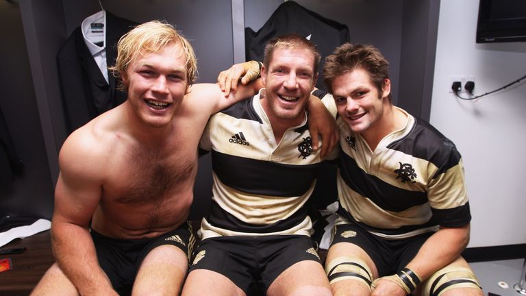 LONDON - DECEMBER 03:  (L to R) Schalk Burger, Bakkies Botha and Richie McCaw of The Barbarians pose for the camera following the 1908 - 2008 London Olympi