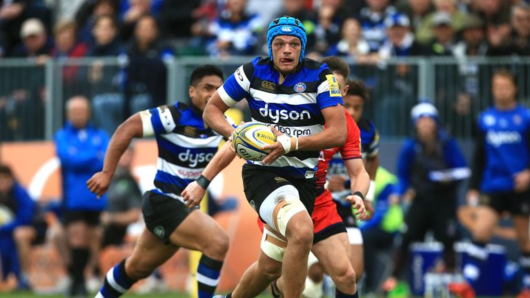 Zach Mercer of Bath makes a break  at The Recreation Ground