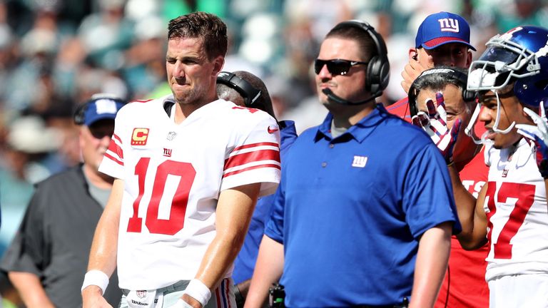 PHILADELPHIA, PA - SEPTEMBER 24:  Eli Manning #10 of the New York Giants and head coach Ben McAdoo wait for the review on a touchdown scored in the second 