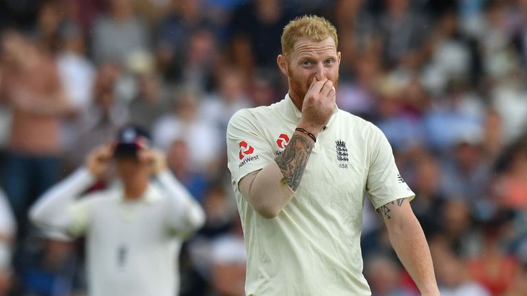 England's Ben Stokes reacts on the third day of the second Test match between England and South Africa at Trent Bridge cricket ground in Nottingham, centra