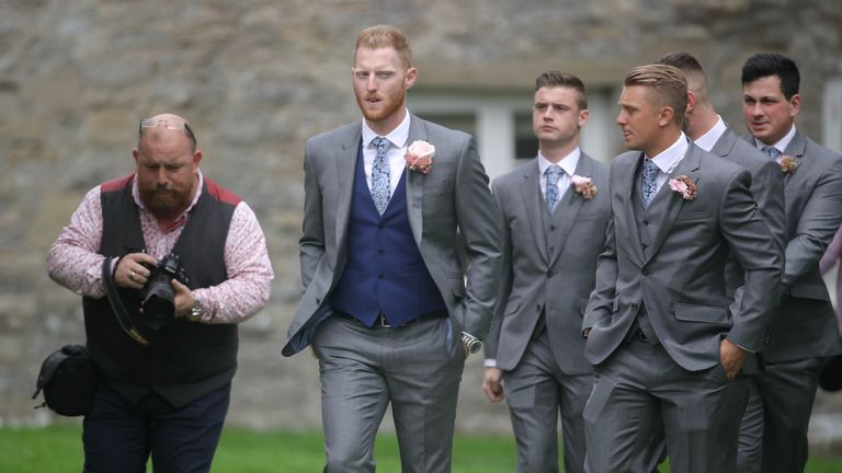 England all-rounder Ben Stokes (centre) arrives for his marriage at St Mary the Virgin, East Brent, Somerset