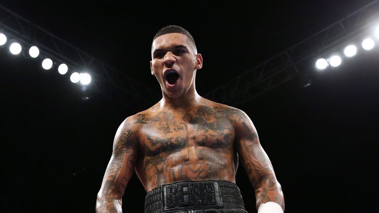 Conor Benn celebrates victory over Nathan Clarke during the Welterweight Championship fight  at Manchester Arena