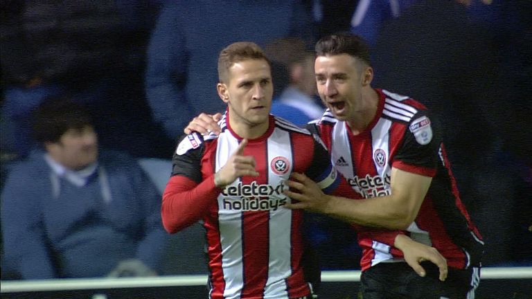 Billy Sharp celebrates after putting Sheffield United ahead against Leeds