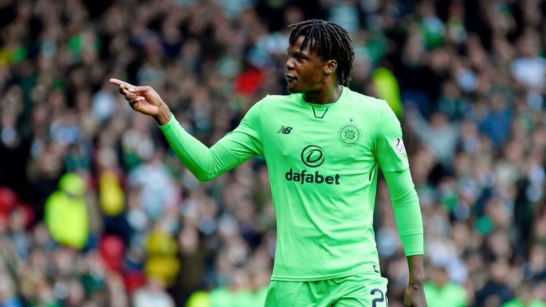 HIBERNIAN v CELTIC (2-4). Celtic's Dedryck Boyata exchanges words with the fourth offical after a penalty was awarded to Hibernian in Betfred semi-final.