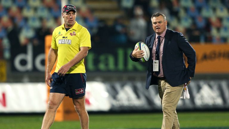 Reds contact coach Brad Thorn and coach Nick Stiles in round 11 Super Rugby match between the Chiefs and the Reds on May 6, 2017 in New Plymouth.