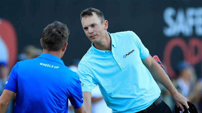 NAPA, CA - OCTOBER 08:  Brendan Steele shakes hands with  Graham DeLaet of Canada after finishing his round on the 18th hole during the final round of the 