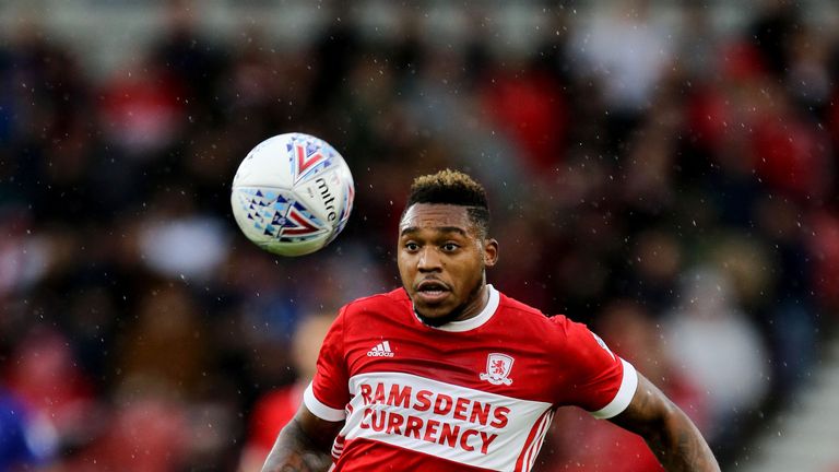 Middlesbrough's Britt Assombalonga in action during the Sky Bet Championship match at the Riverside Stadium on 21 Oct, 2017