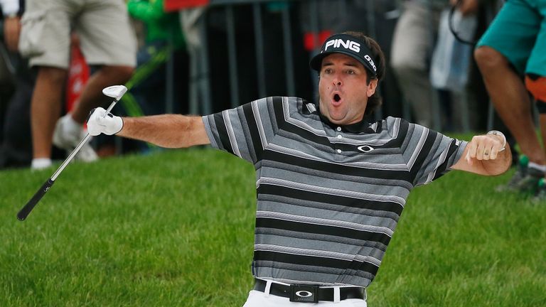 SHANGHAI, CHINA - NOVEMBER 09:  Bubba Watson of the United States celebrates after holing a bunker shot on the 18th hole for eagle during the final round o