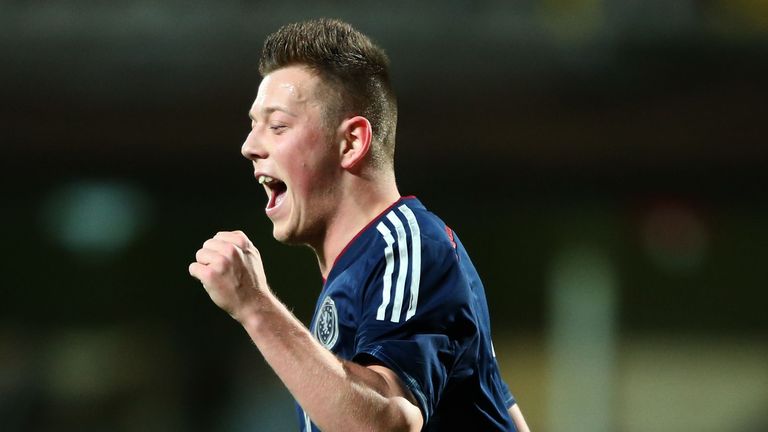 Scotland U21s' Callum McGregor celebrates scoring during the International Friendly at Tannadice Park, Dundee, 2014