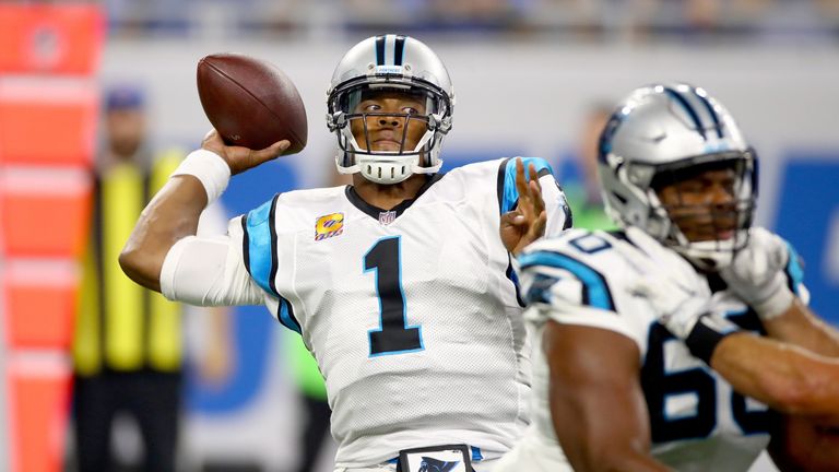 DETROIT, MI - OCTOBER 08: Quarterback Cam Newton #1 of the Carolina Panthers passes the ball against the Detroit Lions during the first half at Ford Field 