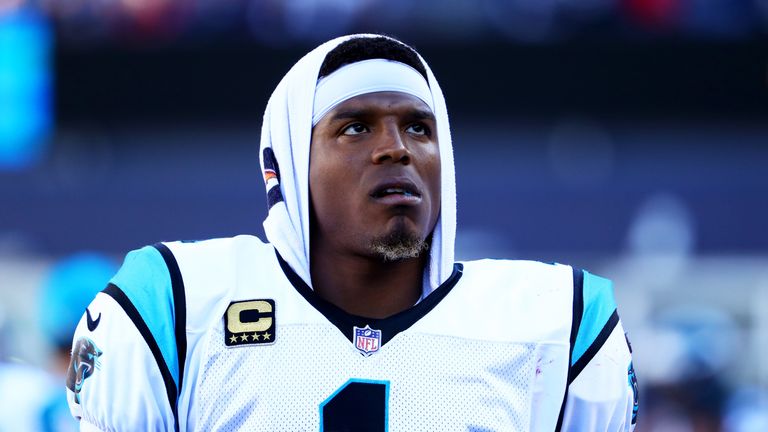 FOXBORO, MA - OCTOBER 1: Cam Newton #1 of the Carolina Panthers looks on during the game against the New England Patriots at Gillette Stadium on October 1,