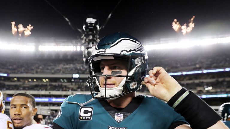 Carson Wentz #11 of the Philadelphia Eagles walks off the field after the 34-24 win over the Washington Redskins on October