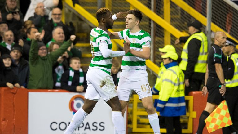 Celtic's Kieran Tierney (right) celebrates his goal with Moussa Dembele