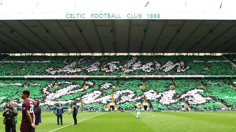 Celtic fans come together to display 'Lisbon Lions' in the stands before their Scottish Premiership match against Hearts in May