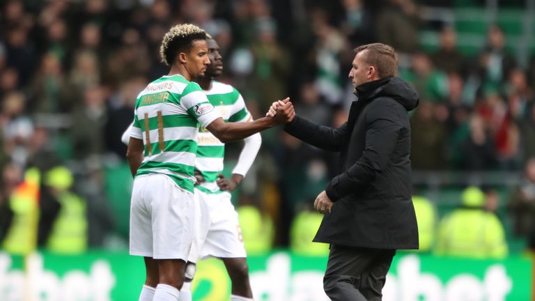 Celtic manager Brendan Rodgers shakes hands with Scott Sinclair after the Ladbrokes Scottish Premiership match at Celtic Park, Glasgow.