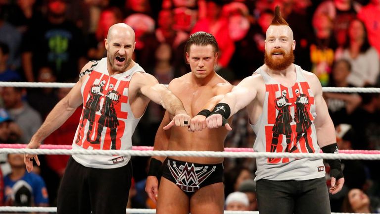 Cesaro, The Miz and Sheamus celebrated hitting Roman Reigns with a triple powerbomb by mocking The Shield's signature fist bump.