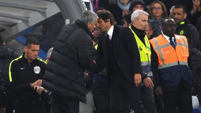 LONDON, ENGLAND - OCTOBER 23:  Chelsea manager Antonio Conte and Manchester United manager Jose Mourinho exchange words at the end of the Premier League ma