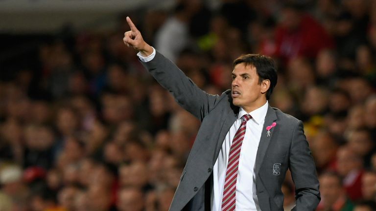 Chris Coleman, Manager of Wales points during the FIFA 2018 World Cup Group D  Qualifier between Wales and Republic of Ireland
