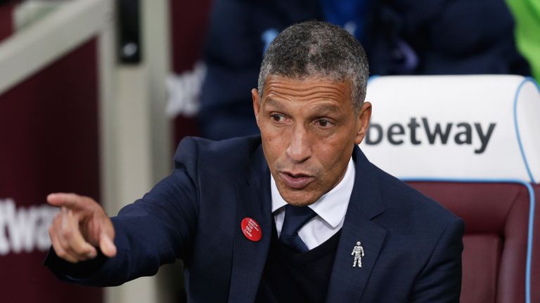 Chris Hughton, Manager of Brighton and Hove Albion points prior to the Premier League match at  West Ham United