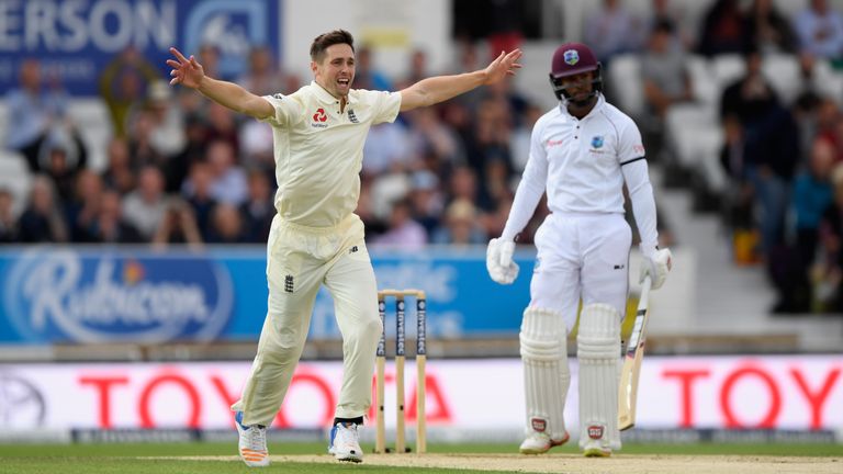 LEEDS, ENGLAND - AUGUST 26:  England bowler Chris Woakes appeals in vain for the wicket of Shai Hope during day two of the 2nd Investec Test match between 