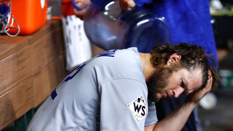 HOUSTON, TX - OCTOBER 29:  Clayton Kershaw #22 of the Los Angeles Dodgers reacts as he exits the game during the fifth inning against the Houston Astros in
