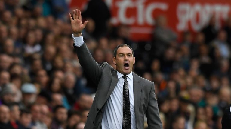 SWANSEA, WALES - OCTOBER 14:  Swansea manager Paul Clement reacts during the Premier League match between Swansea City and Huddersfield Town at Liberty Sta