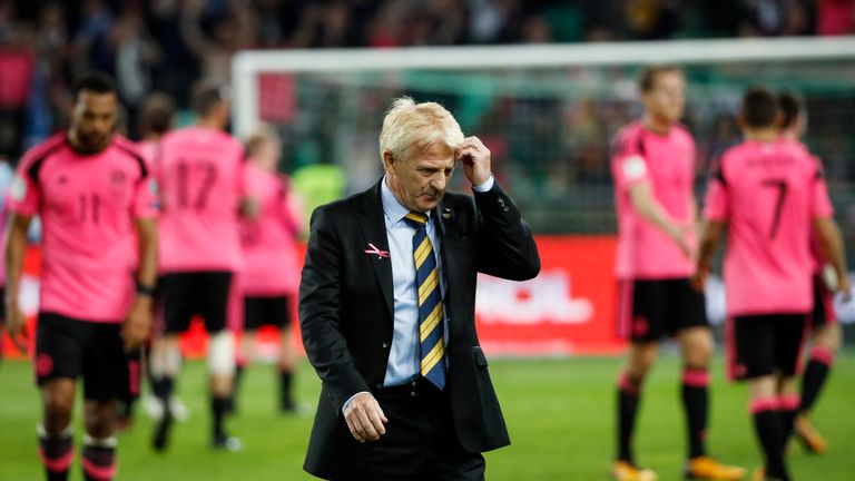 LJUBLJANA, SLOVENIA - OCTOBER 08: Head coach Gordon Strachan (C) of Scotland looks dejected after the FIFA 2018 World Cup Qualifier match between Slovenia 