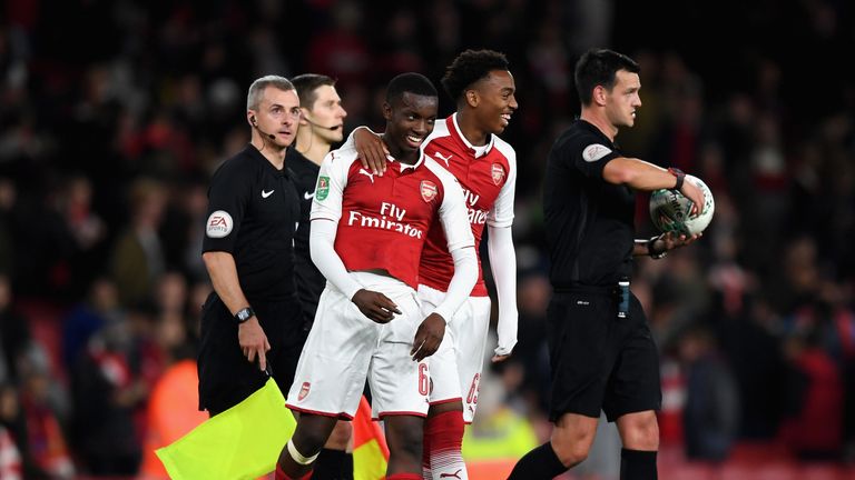 LONDON, ENGLAND - OCTOBER 24:  Edward Nketiah of Arsenal celebrates after with Jordi Osei-Tutu after Arsenal won the Carabao Cup Fourth Round match between